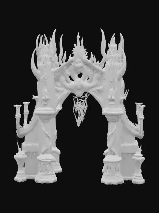 3D model for An arch demon gate stands as a towering, asymmetrical structure carved from ancient, jagged obsidian and fused with corrupted, dark bronze. Its rough, almost molten surface reveals intricate, grotesque carvings of snarling faces and twisted limbs, glowing with an internal, hellish red light that pulses through its cracks. The massive, sharp archway appears cold and abrasive to the touch, framed by monstrous, fanged columns.