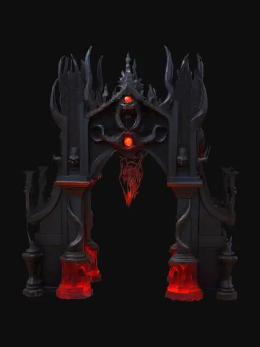 3D model for An arch demon gate stands as a towering, asymmetrical structure carved from ancient, jagged obsidian and fused with corrupted, dark bronze. Its rough, almost molten surface reveals intricate, grotesque carvings of snarling faces and twisted limbs, glowing with an internal, hellish red light that pulses through its cracks. The massive, sharp archway appears cold and abrasive to the touch, framed by monstrous, fanged columns.
