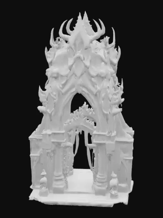 3D model for An arch demon gate stands as a towering, asymmetrical structure carved from ancient, jagged obsidian and fused with corrupted, dark bronze. Its rough, almost molten surface reveals intricate, grotesque carvings of snarling faces and twisted limbs, glowing with an internal, hellish red light that pulses through its cracks. The massive, sharp archway appears cold and abrasive to the touch, framed by monstrous, fanged columns.