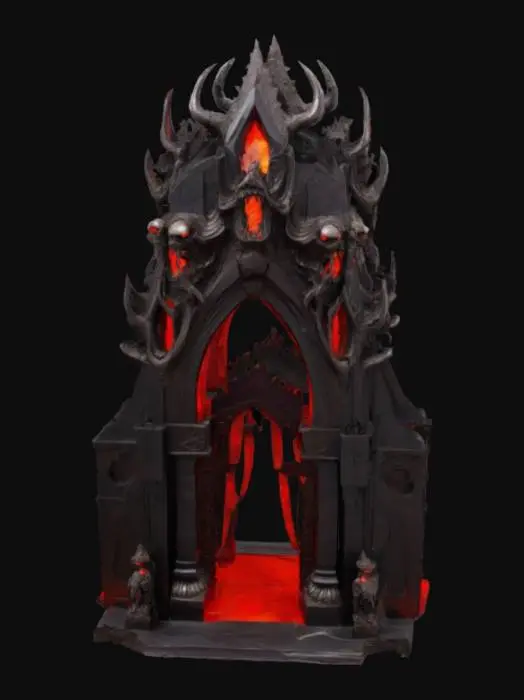 3D model for An arch demon gate stands as a towering, asymmetrical structure carved from ancient, jagged obsidian and fused with corrupted, dark bronze. Its rough, almost molten surface reveals intricate, grotesque carvings of snarling faces and twisted limbs, glowing with an internal, hellish red light that pulses through its cracks. The massive, sharp archway appears cold and abrasive to the touch, framed by monstrous, fanged columns.