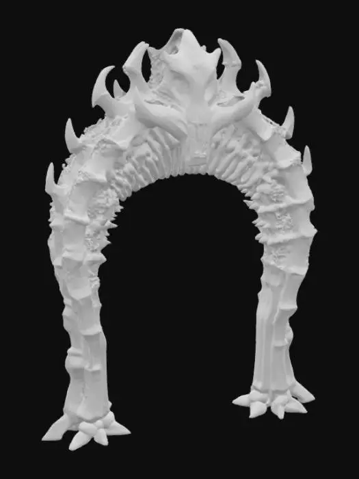 3D model for #arch#, An imposing, biomechanical arch inspired by H.R. Giger, its structure a grotesque fusion of skeletal bone and dark, corroded metal. The surface features intricate, sinuous veins and rigid, chitinous ribs that define its elongated, organic curve. It boasts a cold, metallic sheen transitioning to a rough, pitted texture resembling petrified flesh. Predominantly deep grays and blacks with subtle, sickly green undertones, the arch feels both ancient and disturbingly alive.
