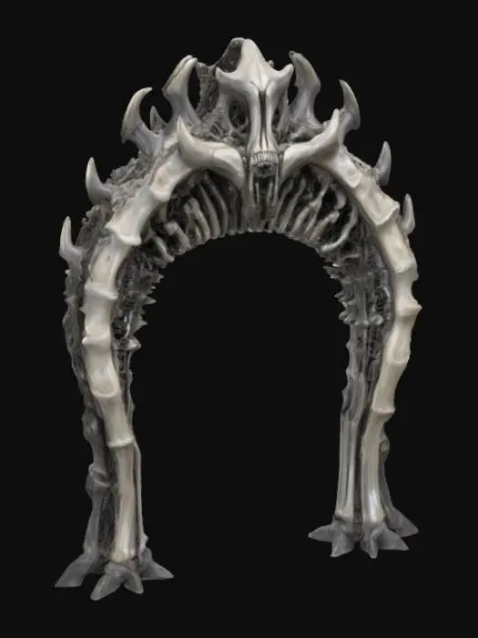 3D model for #arch#, An imposing, biomechanical arch inspired by H.R. Giger, its structure a grotesque fusion of skeletal bone and dark, corroded metal. The surface features intricate, sinuous veins and rigid, chitinous ribs that define its elongated, organic curve. It boasts a cold, metallic sheen transitioning to a rough, pitted texture resembling petrified flesh. Predominantly deep grays and blacks with subtle, sickly green undertones, the arch feels both ancient and disturbingly alive.