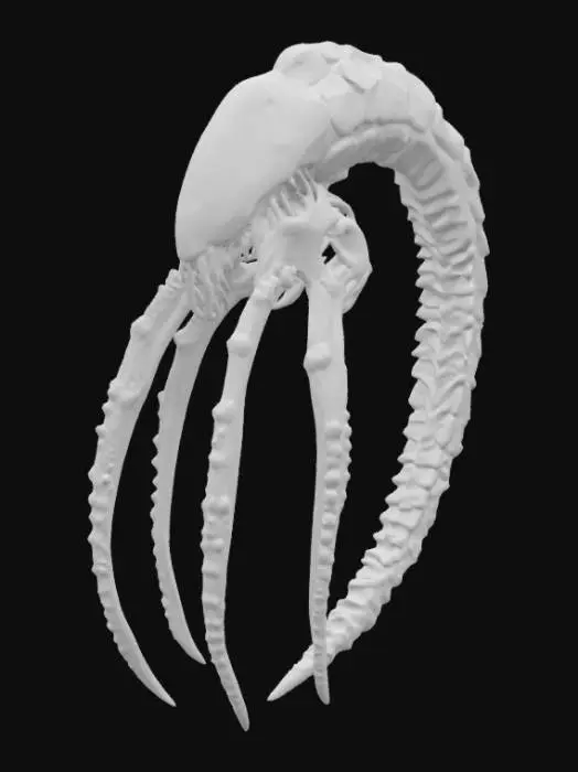 3D model for #arch#, An imposing, biomechanical arch inspired by H.R. Giger, its structure a grotesque fusion of skeletal bone and dark, corroded metal. The surface features intricate, sinuous veins and rigid, chitinous ribs that define its elongated, organic curve. It boasts a cold, metallic sheen transitioning to a rough, pitted texture resembling petrified flesh. Predominantly deep grays and blacks with subtle, sickly green undertones, the arch feels both ancient and disturbingly alive.