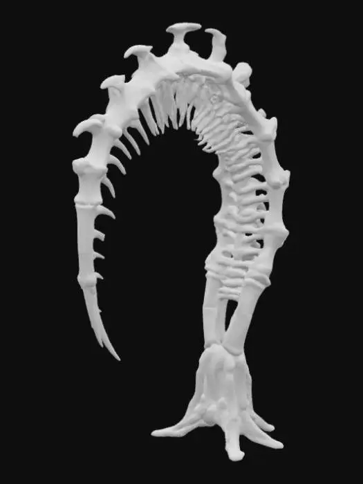 3D model for #arch#, An imposing, biomechanical arch inspired by H.R. Giger, its structure a grotesque fusion of skeletal bone and dark, corroded metal. The surface features intricate, sinuous veins and rigid, chitinous ribs that define its elongated, organic curve. It boasts a cold, metallic sheen transitioning to a rough, pitted texture resembling petrified flesh. Predominantly deep grays and blacks with subtle, sickly green undertones, the arch feels both ancient and disturbingly alive.