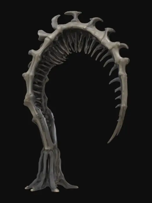 3D model for #arch#, An imposing, biomechanical arch inspired by H.R. Giger, its structure a grotesque fusion of skeletal bone and dark, corroded metal. The surface features intricate, sinuous veins and rigid, chitinous ribs that define its elongated, organic curve. It boasts a cold, metallic sheen transitioning to a rough, pitted texture resembling petrified flesh. Predominantly deep grays and blacks with subtle, sickly green undertones, the arch feels both ancient and disturbingly alive.