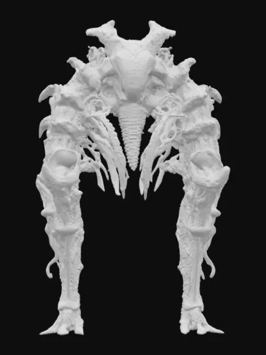 3D model for #arch#, An imposing, biomechanical arch inspired by H.R. Giger, its structure a grotesque fusion of skeletal bone and dark, corroded metal. The surface features intricate, sinuous veins and rigid, chitinous ribs that define its elongated, organic curve. It boasts a cold, metallic sheen transitioning to a rough, pitted texture resembling petrified flesh. Predominantly deep grays and blacks with subtle, sickly green undertones, the arch feels both ancient and disturbingly alive.