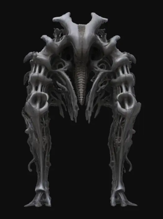 3D model for #arch#, An imposing, biomechanical arch inspired by H.R. Giger, its structure a grotesque fusion of skeletal bone and dark, corroded metal. The surface features intricate, sinuous veins and rigid, chitinous ribs that define its elongated, organic curve. It boasts a cold, metallic sheen transitioning to a rough, pitted texture resembling petrified flesh. Predominantly deep grays and blacks with subtle, sickly green undertones, the arch feels both ancient and disturbingly alive.