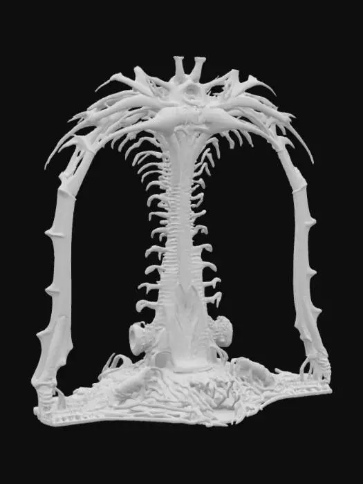 3D model for #arch#, An imposing, biomechanical arch inspired by H.R. Giger, its structure a grotesque fusion of skeletal bone and dark, corroded metal. The surface features intricate, sinuous veins and rigid, chitinous ribs that define its elongated, organic curve. It boasts a cold, metallic sheen transitioning to a rough, pitted texture resembling petrified flesh. Predominantly deep grays and blacks with subtle, sickly green undertones, the arch feels both ancient and disturbingly alive.