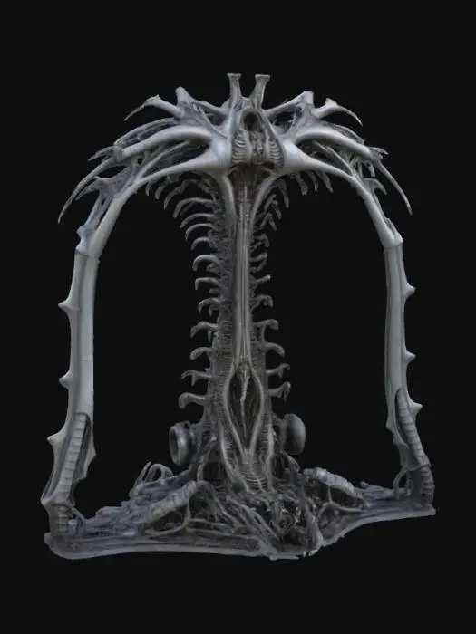 3D model for #arch#, An imposing, biomechanical arch inspired by H.R. Giger, its structure a grotesque fusion of skeletal bone and dark, corroded metal. The surface features intricate, sinuous veins and rigid, chitinous ribs that define its elongated, organic curve. It boasts a cold, metallic sheen transitioning to a rough, pitted texture resembling petrified flesh. Predominantly deep grays and blacks with subtle, sickly green undertones, the arch feels both ancient and disturbingly alive.