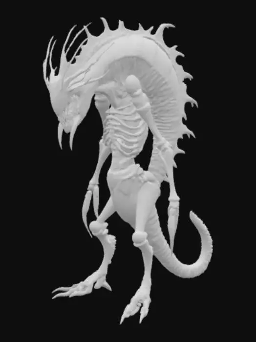 3D model for #ocean#, A grotesque siren, inspired by H.R. Giger, features a sleek, elongated biomechanical body with a metallic, chitinous exoskeleton. Its skin is a dark, oily black, interspersed with bone-white protrusions and vascular tubing. Sharp, metallic fins extend from its back and forearms, ending in razor-like edges. The face is skeletal, with vacant, sunken eye sockets and a maw of needle-sharp teeth, conveying a predatory, lifeless expression. Its form is a fusion of organic horror and industrial design.