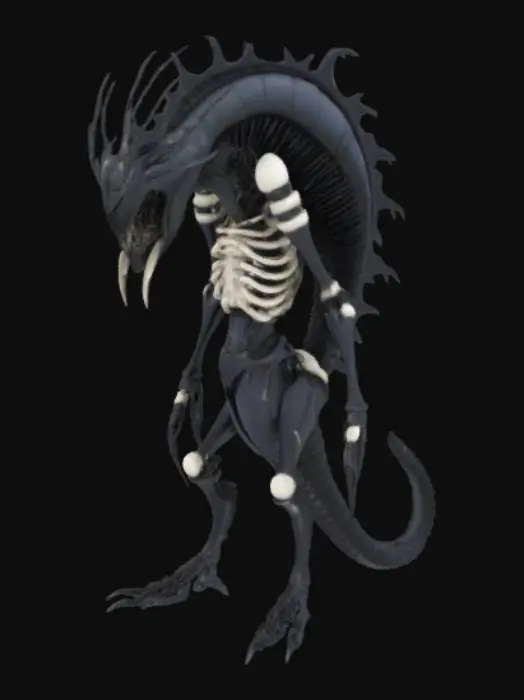 3D model for #ocean#, A grotesque siren, inspired by H.R. Giger, features a sleek, elongated biomechanical body with a metallic, chitinous exoskeleton. Its skin is a dark, oily black, interspersed with bone-white protrusions and vascular tubing. Sharp, metallic fins extend from its back and forearms, ending in razor-like edges. The face is skeletal, with vacant, sunken eye sockets and a maw of needle-sharp teeth, conveying a predatory, lifeless expression. Its form is a fusion of organic horror and industrial design.