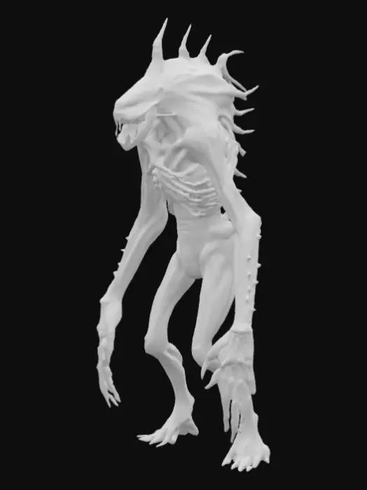 3D model for #ocean#, A gaunt humanoid ocean creature, its elongated limbs and torso appear composed of dark, chitinous plating fused with calcified, coral-like growths and glistening wet membranes. Its head is small and streamlined, featuring a series of segmented, gill-like slits and empty, sunken eye sockets. The surface is slick, feeling cold and rubbery yet rigid in places, with a mottled texture of deep grays, blues, and blacks. Sharp, bone-like protrusions extend from its back and elbows, hinting at a rigid internal structure.