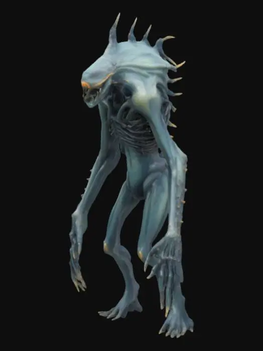 3D model for #ocean#, A gaunt humanoid ocean creature, its elongated limbs and torso appear composed of dark, chitinous plating fused with calcified, coral-like growths and glistening wet membranes. Its head is small and streamlined, featuring a series of segmented, gill-like slits and empty, sunken eye sockets. The surface is slick, feeling cold and rubbery yet rigid in places, with a mottled texture of deep grays, blues, and blacks. Sharp, bone-like protrusions extend from its back and elbows, hinting at a rigid internal structure.
