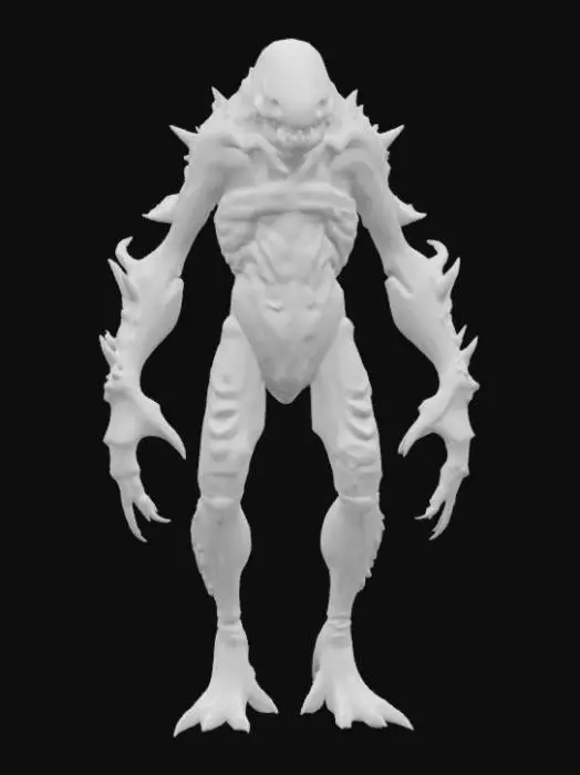 3D model for #ocean#, A  humanoid ocean creature, its elongated limbs and torso appear composed of dark, chitinous plating fused with calcified, coral-like growths and glistening wet membranes. Its head is small and streamlined, featuring a series of segmented, gill-like slits and empty, sunken eye sockets. The surface is slick, feeling cold and rubbery yet rigid in places, with a mottled texture of deep grays, blues, and blacks. Sharp, bone-like protrusions extend from its back and elbows, hinting at a rigid internal structure. Multiple fins along its back.