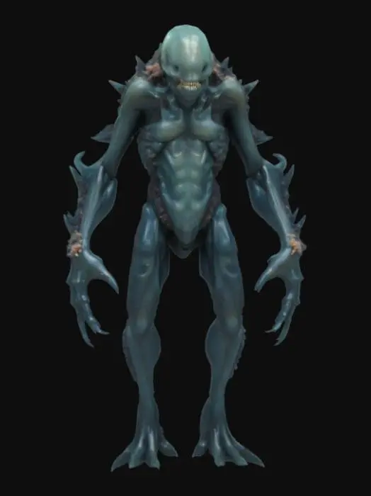 3D model for #ocean#, A  humanoid ocean creature, its elongated limbs and torso appear composed of dark, chitinous plating fused with calcified, coral-like growths and glistening wet membranes. Its head is small and streamlined, featuring a series of segmented, gill-like slits and empty, sunken eye sockets. The surface is slick, feeling cold and rubbery yet rigid in places, with a mottled texture of deep grays, blues, and blacks. Sharp, bone-like protrusions extend from its back and elbows, hinting at a rigid internal structure. Multiple fins along its back.
