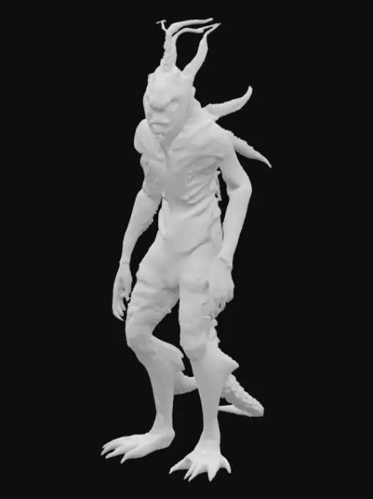 3D model for #ocean#, A  humanoid ocean creature, its elongated limbs and torso appear composed of dark, chitinous plating fused with calcified, coral-like growths and glistening wet membranes. Its head is small and streamlined, featuring a series of segmented, gill-like slits and empty, sunken eye sockets. The surface is slick, feeling cold and rubbery yet rigid in places, with a mottled texture of deep grays, blues, and blacks. Sharp, bone-like protrusions extend from its back and elbows, hinting at a rigid internal structure. Multiple fins along its back.