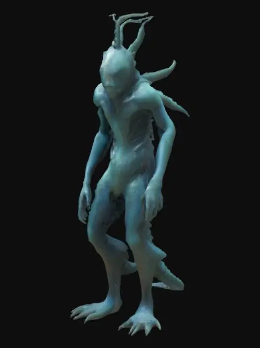 3D model for #ocean#, A  humanoid ocean creature, its elongated limbs and torso appear composed of dark, chitinous plating fused with calcified, coral-like growths and glistening wet membranes. Its head is small and streamlined, featuring a series of segmented, gill-like slits and empty, sunken eye sockets. The surface is slick, feeling cold and rubbery yet rigid in places, with a mottled texture of deep grays, blues, and blacks. Sharp, bone-like protrusions extend from its back and elbows, hinting at a rigid internal structure. Multiple fins along its back.
