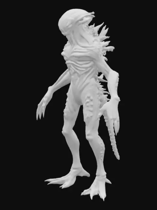 3D model for #ocean#, A  humanoid ocean creature, its elongated limbs and torso appear composed of dark, chitinous plating fused with calcified, coral-like growths and glistening wet membranes. Its head is small and streamlined, featuring a series of segmented, gill-like slits and empty, sunken eye sockets. The surface is slick, feeling cold and rubbery yet rigid in places, with a mottled texture of deep grays, blues, and blacks. Sharp, bone-like protrusions extend from its back and elbows, hinting at a rigid internal structure. Multiple fins along its back.