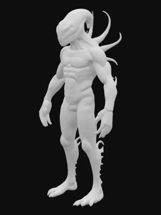 3D model for #ocean#, A  humanoid ocean creature, its elongated limbs and torso appear composed of dark, chitinous plating fused with calcified, coral-like growths and glistening wet membranes. Its head is small and streamlined, featuring a series of segmented, gill-like slits and empty, sunken eye sockets. The surface is slick, feeling cold and rubbery yet rigid in places, with a mottled texture of deep grays, blues, and blacks. Sharp, bone-like protrusions extend from its back and elbows, hinting at a rigid internal structure. Multiple fins along its back.
