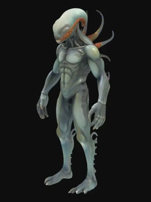 3D model for #ocean#, A  humanoid ocean creature, its elongated limbs and torso appear composed of dark, chitinous plating fused with calcified, coral-like growths and glistening wet membranes. Its head is small and streamlined, featuring a series of segmented, gill-like slits and empty, sunken eye sockets. The surface is slick, feeling cold and rubbery yet rigid in places, with a mottled texture of deep grays, blues, and blacks. Sharp, bone-like protrusions extend from its back and elbows, hinting at a rigid internal structure. Multiple fins along its back.