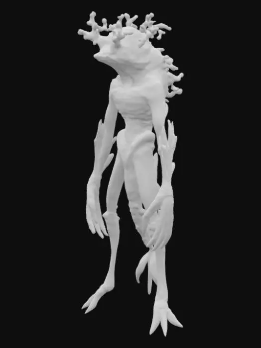 3D model for #ocean#, A  humanoid ocean creature, its elongated limbs and torso appear composed of dark, chitinous plating fused with calcified, coral-like growths and glistening wet membranes. Its head is small and streamlined, featuring a series of segmented, gill-like slits and empty, sunken eye sockets. The surface is slick, feeling cold and rubbery yet rigid in places, with a mottled texture of deep grays, blues, and blacks. Sharp, bone-like protrusions extend from its back and elbows, hinting at a rigid internal structure. Multiple fins along its back.