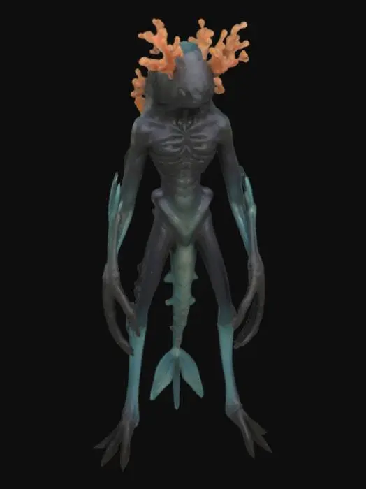 3D model for #ocean#, A  humanoid ocean creature, its elongated limbs and torso appear composed of dark, chitinous plating fused with calcified, coral-like growths and glistening wet membranes. Its head is small and streamlined, featuring a series of segmented, gill-like slits and empty, sunken eye sockets. The surface is slick, feeling cold and rubbery yet rigid in places, with a mottled texture of deep grays, blues, and blacks. Sharp, bone-like protrusions extend from its back and elbows, hinting at a rigid internal structure. Multiple fins along its back.