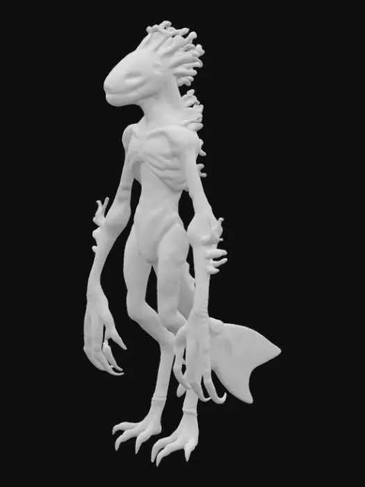 3D model for #ocean#, A  humanoid ocean creature, its elongated limbs and torso appear composed of dark, chitinous plating fused with calcified, coral-like growths and glistening wet membranes. Its head is small and streamlined, featuring a series of segmented, gill-like slits and empty, sunken eye sockets. The surface is slick, feeling cold and rubbery yet rigid in places, with a mottled texture of deep grays, blues, and blacks. Sharp, bone-like protrusions extend from its back and elbows, hinting at a rigid internal structure. Multiple fins along its back.