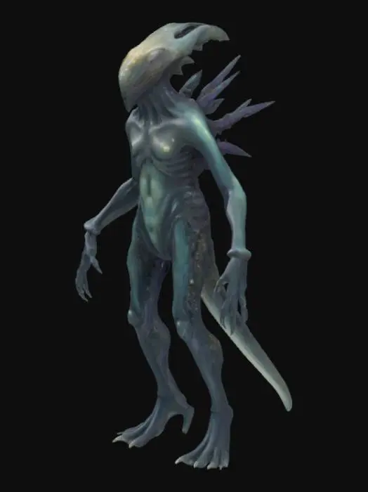 3D model for #ocean#, A  humanoid ocean creature, its elongated limbs and torso appear composed of dark, chitinous plating fused with calcified, coral-like growths and glistening wet membranes. Its head is small and streamlined, featuring a series of segmented, gill-like slits and empty, sunken eye sockets. The surface is slick, feeling cold and rubbery yet rigid in places, with a mottled texture of deep grays, blues, and blacks. Sharp, bone-like protrusions extend from its back and elbows, hinting at a rigid internal structure. Multiple fins along its back.