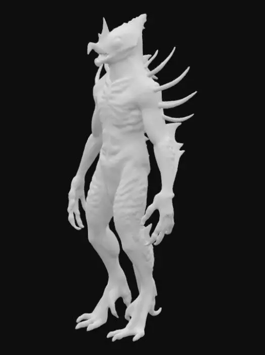 3D model for #ocean#, A  humanoid ocean creature, its elongated limbs and torso appear composed of dark, chitinous plating fused with calcified, coral-like growths and glistening wet membranes. Its head is small and streamlined, featuring a series of segmented, gill-like slits and empty, sunken eye sockets. The surface is slick, feeling cold and rubbery yet rigid in places, with a mottled texture of deep grays, blues, and blacks. Sharp, bone-like protrusions extend from its back and elbows, hinting at a rigid internal structure. Multiple fins along its back.