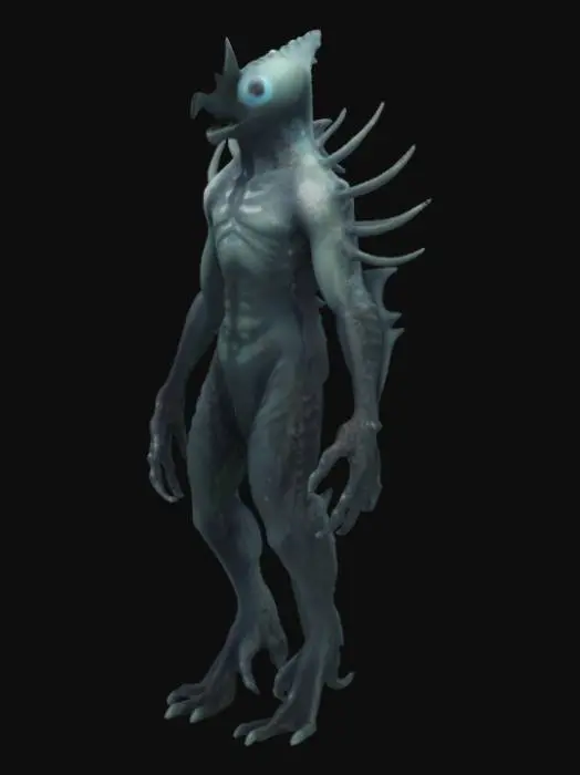 3D model for #ocean#, A  humanoid ocean creature, its elongated limbs and torso appear composed of dark, chitinous plating fused with calcified, coral-like growths and glistening wet membranes. Its head is small and streamlined, featuring a series of segmented, gill-like slits and empty, sunken eye sockets. The surface is slick, feeling cold and rubbery yet rigid in places, with a mottled texture of deep grays, blues, and blacks. Sharp, bone-like protrusions extend from its back and elbows, hinting at a rigid internal structure. Multiple fins along its back.