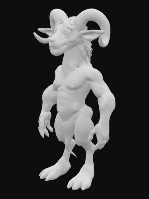 3D model for A whimsical faun, with the lean, muscular torso of a human, covered in smooth, olive-toned skin. Its lower half transforms into powerful, agile goat legs, adorned with coarse, shaggy brown fur that appears thick and earthy, ending in cloven hooves. Pointed, furry ears protrude from the sides of its head, and small, spiraled ram-like horns of a dark, polished ebony emerge from its brow, giving it a playful yet wild appearance.
