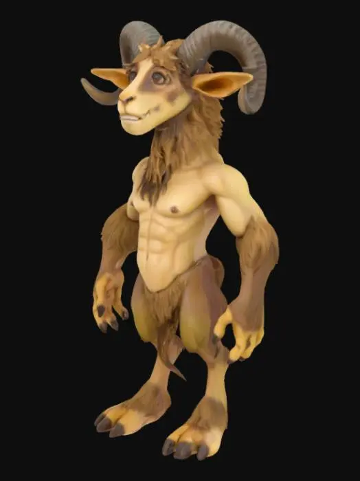3D model for A whimsical faun, with the lean, muscular torso of a human, covered in smooth, olive-toned skin. Its lower half transforms into powerful, agile goat legs, adorned with coarse, shaggy brown fur that appears thick and earthy, ending in cloven hooves. Pointed, furry ears protrude from the sides of its head, and small, spiraled ram-like horns of a dark, polished ebony emerge from its brow, giving it a playful yet wild appearance.