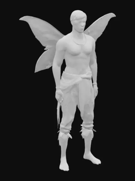 3D model for An adult male fairy with a lean, muscular physique and a graceful, athletic posture. His skin is tanned and smooth, suggesting a connection to nature, possibly with faint, intricate patterns that resemble bark or leaves. Large, strong wings, like those of an owl, are feathered and velvety, extending from his back with an earthy color palette of greens and browns. He wears simple, rugged attire of woven natural fibers, giving a tactile impression of warmth and durability. His face is chiseled with a calm, resolute expression.