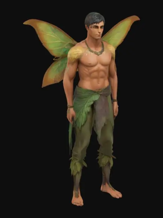3D model for An adult male fairy with a lean, muscular physique and a graceful, athletic posture. His skin is tanned and smooth, suggesting a connection to nature, possibly with faint, intricate patterns that resemble bark or leaves. Large, strong wings, like those of an owl, are feathered and velvety, extending from his back with an earthy color palette of greens and browns. He wears simple, rugged attire of woven natural fibers, giving a tactile impression of warmth and durability. His face is chiseled with a calm, resolute expression.