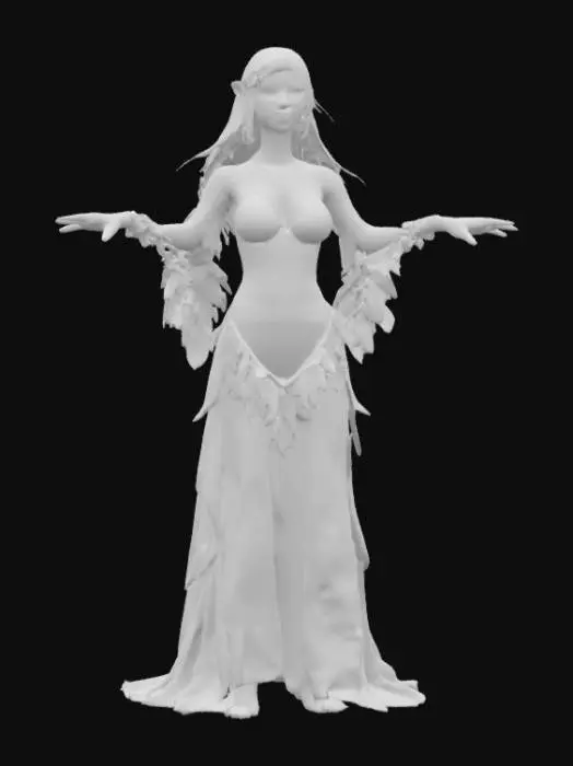 3D model for An ethereal elf stands tall and graceful, with long, willowy limbs and an elegant posture. Her skin is smooth and fair, like polished ivory, with finely sculpted features and piercing, almond-shaped eyes that hint at ancient wisdom. Long, silken silver hair flows down her back, appearing soft and almost luminous. Her pointed ears extend gracefully, complementing her slender, aristocratic nose. She is clad in finely woven, forest-green fabric with subtle leafy textures, exuding a noble and serene presence.