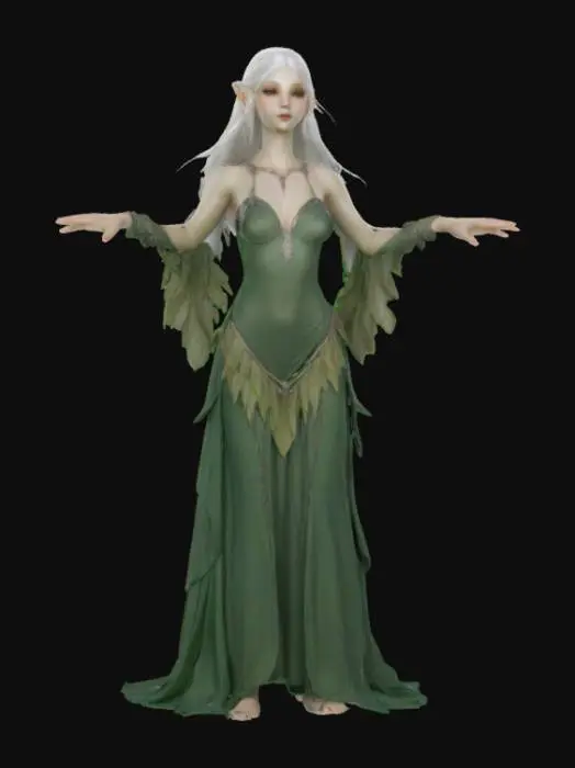 3D model for An ethereal elf stands tall and graceful, with long, willowy limbs and an elegant posture. Her skin is smooth and fair, like polished ivory, with finely sculpted features and piercing, almond-shaped eyes that hint at ancient wisdom. Long, silken silver hair flows down her back, appearing soft and almost luminous. Her pointed ears extend gracefully, complementing her slender, aristocratic nose. She is clad in finely woven, forest-green fabric with subtle leafy textures, exuding a noble and serene presence.