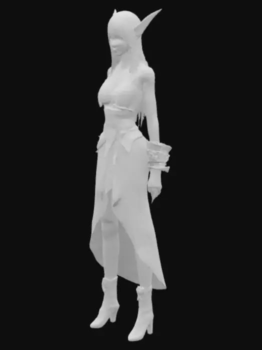 3D model for An ethereal elf stands tall and graceful, with long, willowy limbs and an elegant posture. Her skin is smooth and fair, like polished ivory, with finely sculpted features and piercing, almond-shaped eyes that hint at ancient wisdom. Long, silken silver hair flows down her back, appearing soft and almost luminous. Her pointed ears extend gracefully, complementing her slender, aristocratic nose. She is clad in finely woven, forest-green fabric with subtle leafy textures, exuding a noble and serene presence.