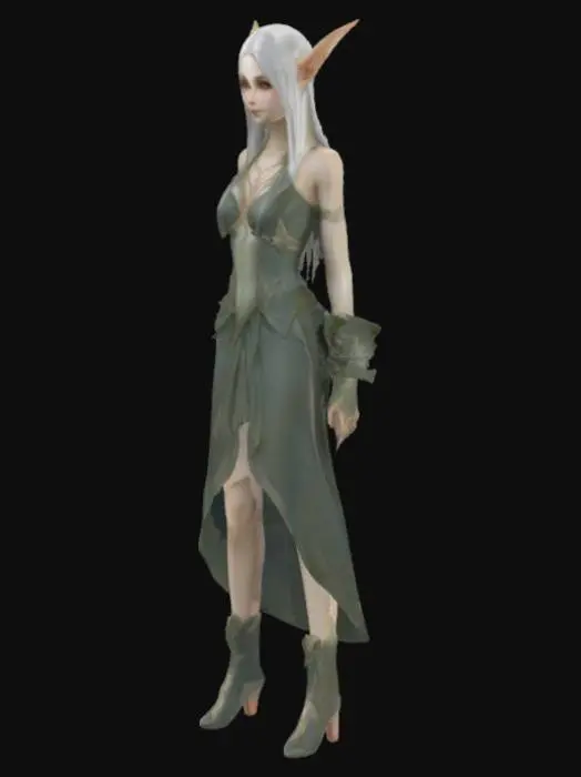 3D model for An ethereal elf stands tall and graceful, with long, willowy limbs and an elegant posture. Her skin is smooth and fair, like polished ivory, with finely sculpted features and piercing, almond-shaped eyes that hint at ancient wisdom. Long, silken silver hair flows down her back, appearing soft and almost luminous. Her pointed ears extend gracefully, complementing her slender, aristocratic nose. She is clad in finely woven, forest-green fabric with subtle leafy textures, exuding a noble and serene presence.