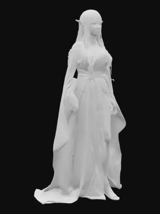 3D model for An ethereal elf stands tall and graceful, with long, willowy limbs and an elegant posture. Her skin is smooth and fair, like polished ivory, with finely sculpted features and piercing, almond-shaped eyes that hint at ancient wisdom. Long, silken silver hair flows down her back, appearing soft and almost luminous. Her pointed ears extend gracefully, complementing her slender, aristocratic nose. She is clad in finely woven, forest-green fabric with subtle leafy textures, exuding a noble and serene presence.