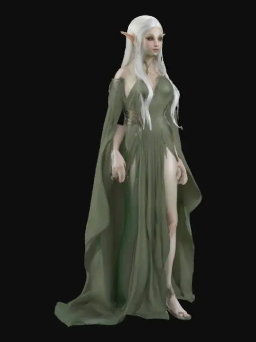 3D model for An ethereal elf stands tall and graceful, with long, willowy limbs and an elegant posture. Her skin is smooth and fair, like polished ivory, with finely sculpted features and piercing, almond-shaped eyes that hint at ancient wisdom. Long, silken silver hair flows down her back, appearing soft and almost luminous. Her pointed ears extend gracefully, complementing her slender, aristocratic nose. She is clad in finely woven, forest-green fabric with subtle leafy textures, exuding a noble and serene presence.