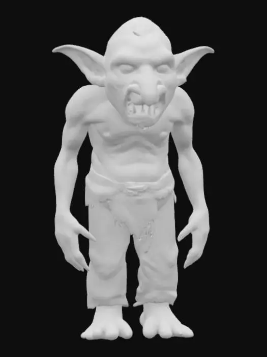 3D model for A hunched goblin, small and wiry, displays coarse, leathery green skin riddled with warts and scars, suggesting a rough existence. His prominent, crooked nose and pointed ears protrude from a face etched with a perpetual sneer, revealing sharp, yellowed teeth. Stringy, dark hair is matted and dirty, adding to his unkempt appearance. He wears tattered, earth-toned rags, their coarse weave visible, giving him a grimy, uninviting tactile quality. His squat, bow-legged stance conveys a cunning and mischievous nature.