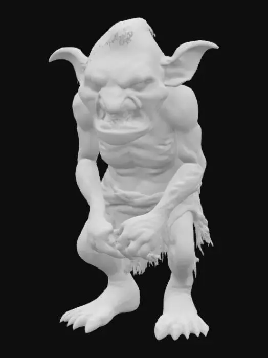 3D model for A hunched goblin, small and wiry, displays coarse, leathery green skin riddled with warts and scars, suggesting a rough existence. His prominent, crooked nose and pointed ears protrude from a face etched with a perpetual sneer, revealing sharp, yellowed teeth. Stringy, dark hair is matted and dirty, adding to his unkempt appearance. He wears tattered, earth-toned rags, their coarse weave visible, giving him a grimy, uninviting tactile quality. His squat, bow-legged stance conveys a cunning and mischievous nature.