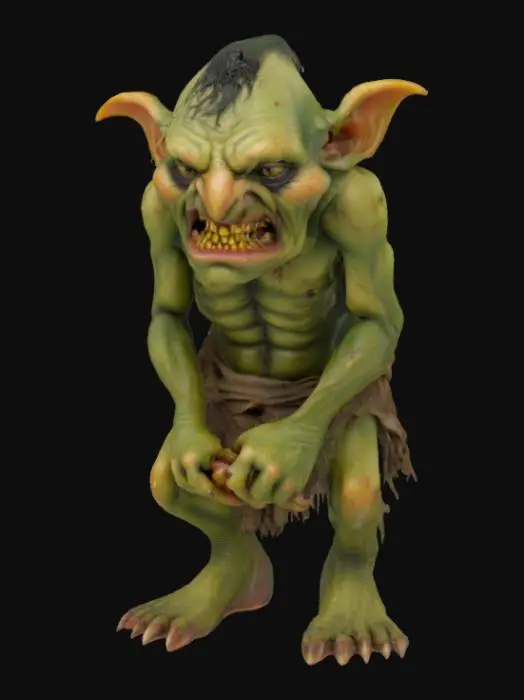 3D model for A hunched goblin, small and wiry, displays coarse, leathery green skin riddled with warts and scars, suggesting a rough existence. His prominent, crooked nose and pointed ears protrude from a face etched with a perpetual sneer, revealing sharp, yellowed teeth. Stringy, dark hair is matted and dirty, adding to his unkempt appearance. He wears tattered, earth-toned rags, their coarse weave visible, giving him a grimy, uninviting tactile quality. His squat, bow-legged stance conveys a cunning and mischievous nature.