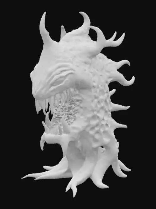 3D model for An abyssal entity composed of undulating, pitch-black biomass, resembling thick, viscous tar. Its surface constantly shifts, revealing momentary glimpses of a deep purple luminescence within. Large, jagged teeth, like shards of broken ceramic, sporadically extrude and retract from its formless body, which oozes a thick, sticky residue. The overall shape is amorphous and ever-changing, making it feel unsettlingly fluid and formless to the touch.