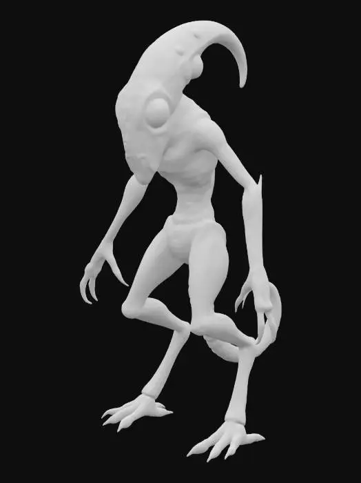 3D model for A bizarre, otherworldly creature with a segmented, ribbed body, appearing to glow with an intense, vibrant red luminescence. Its prominent head is densely packed with multiple large, watchful eyes of varying sizes, some arranged in vertical stacks, others dotting its elongated features. Four stout, muscular legs support its form, each terminating in three sharp, clawed digits. A long, slender tail curls gracefully into a tight spiral at its end, completing its alien silhouette.