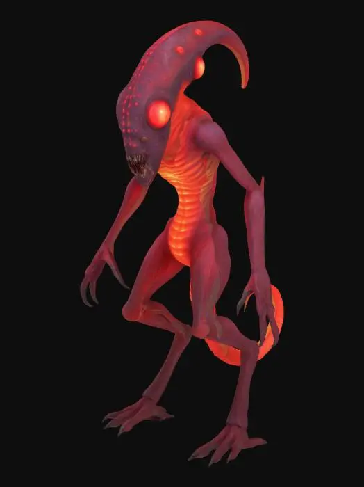 3D model for A bizarre, otherworldly creature with a segmented, ribbed body, appearing to glow with an intense, vibrant red luminescence. Its prominent head is densely packed with multiple large, watchful eyes of varying sizes, some arranged in vertical stacks, others dotting its elongated features. Four stout, muscular legs support its form, each terminating in three sharp, clawed digits. A long, slender tail curls gracefully into a tight spiral at its end, completing its alien silhouette.