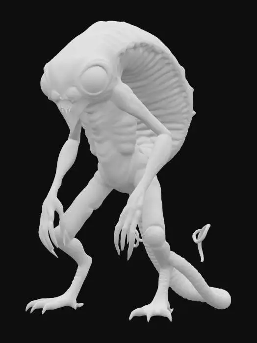 3D model for A bizarre, otherworldly creature with a segmented, ribbed body, appearing to glow with an intense, vibrant red luminescence. Its prominent head is densely packed with multiple large, watchful eyes of varying sizes, some arranged in vertical stacks, others dotting its elongated features. Four stout, muscular legs support its form, each terminating in three sharp, clawed digits. A long, slender tail curls gracefully into a tight spiral at its end, completing its alien silhouette.