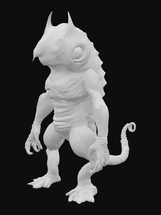 3D model for A bizarre creature appears as a vibrant red outline, suggesting a luminous or glowing physical form. Its elongated body is distinctly segmented with horizontal ribbing, giving it a flexible yet structured appearance. The prominent head is densely covered with numerous, round, watchful eyes of varying sizes, some stacked vertically, creating a unsettling texture. It stands on four stout, muscular limbs, each ending in three sharp, elongated claws. A slender tail curls into a tight spiral at its tip.