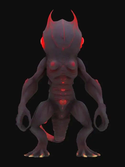 3D model for A bizarre creature appears as a vibrant red outline, suggesting a luminous or glowing physical form. Its elongated body is distinctly segmented with horizontal ribbing, giving it a flexible yet structured appearance. The prominent head is densely covered with numerous, round, watchful eyes of varying sizes, some stacked vertically, creating a unsettling texture. It stands on four stout, muscular limbs, each ending in three sharp, elongated claws. A slender tail curls into a tight spiral at its tip.