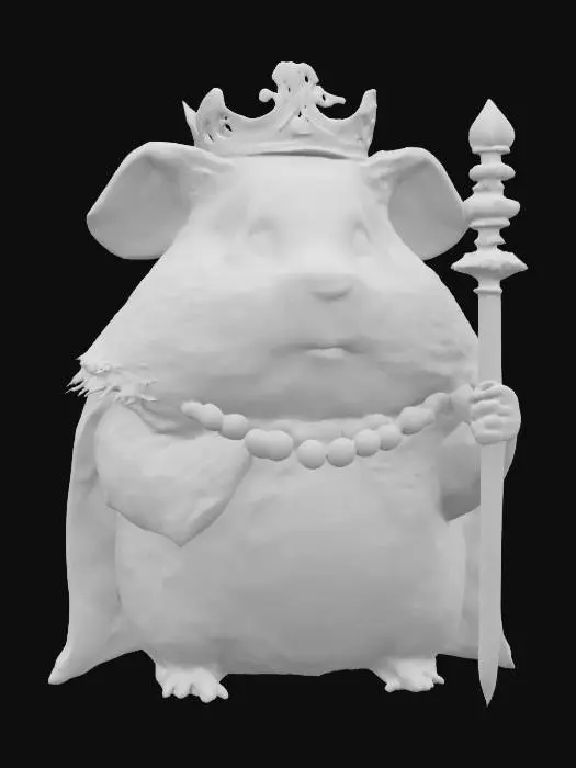 3D model for A regal guinea pig king stands proudly, its short, dense fur a rich golden-brown, meticulously groomed. It wears a miniature, ornate crown of dull, polished brass, adorned with tiny, smooth, ruby-like beads. The guinea pig's posture is upright and noble, its small, dark eyes reflecting a calm authority, giving it a solid, grounded feel.